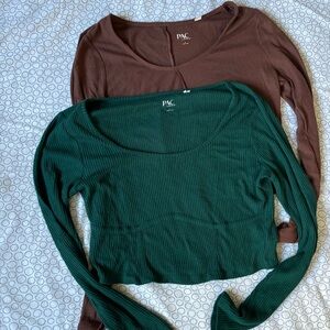 Long Sleeve Ribbed Tops - Green and Brown